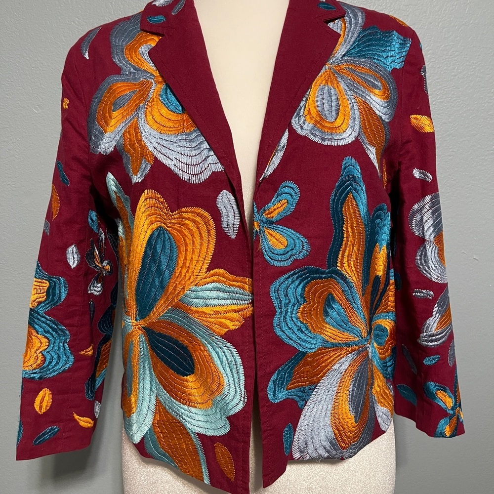 Anthropologie Jacket Woodstock Embroidered Floral Jacket Boho Art Deco Medium